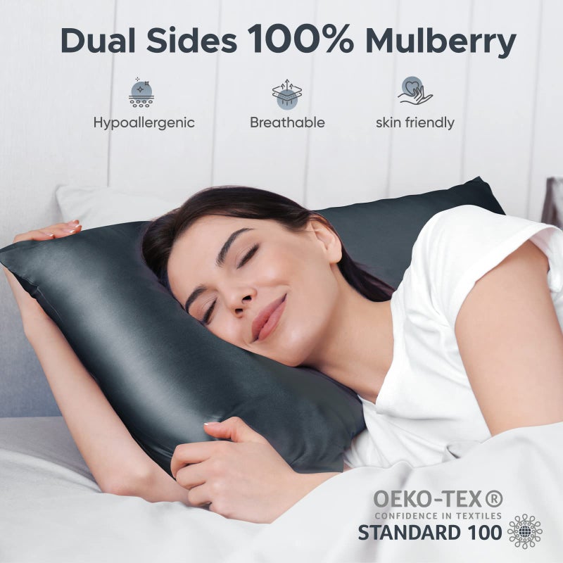 CAAIR 100% Pure Mulberry Silk Pillowcase for Hair and Skin - Allergen Resistant Dual Sides 600 Thread Count Silk Bed Pillow Cases with Hidden Zipper 1pc Queen Size Space Grey - Image 2